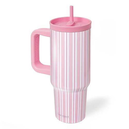 SANDJEST Stripe Stainless Steel Locking Lid Silicone Straw Tumbler with Handle 40oz, Insulated Stainless Steel Travel Cup for Women Girls Friends, Gift Idea for Birthday Summer Vacation (Pink)