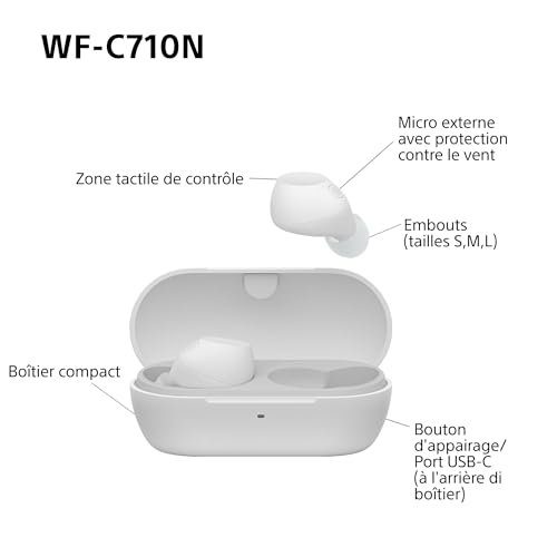 Sony WF-C710N - Écouteurs sans Fil à réduction de Bruit, écouteurs légers, Commandes tactiles, Connexion multipoint, IPX4, jusqu'à 40 HR de Pile, Charge Rapide, iOS et Android - Blanc