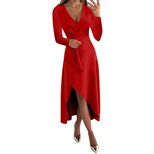 Robe longue en velours marron manches longues col en V avec jupe fendue
