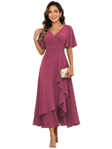 Azqncr Lace Tea Length Ruffle V Neck Mother of the Bride Dress with Sleeves