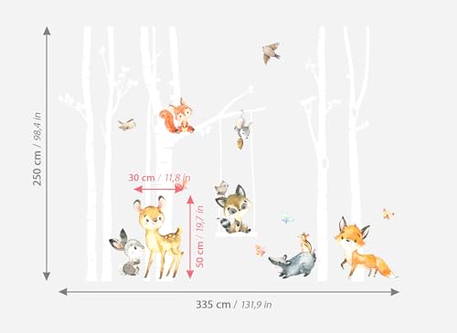 Grandora Wandtattoo Wandsticker Kinderzimmer Tiere Wald Birkenstämme Wandaufkleber Wanddeko Sticker Babyzimmer Spielzimmer Wandbild Kinder Jungs Aufkleber DL760