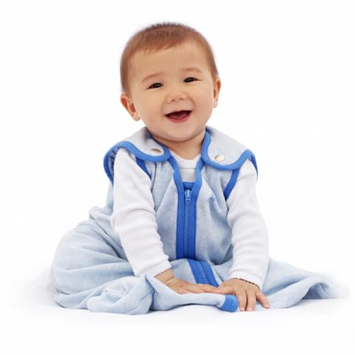 Image of Baby Deedee Sleep Nest Lite - Cotton Sleep Sack 0.6 TOG 18-36M Heather Blue | Patented shoulder snaps and full-length zipper support easy dressing and diaper changes for warmer routines