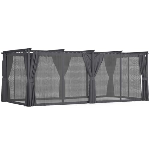 IDMarket – Pergola – Mosquitera, techo retráctil 3 x 6 m y 6 cortinas, color gris