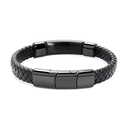 EVE'S ADDICTION Custom Engraved Bracelets For Men - Men's Leather Black Id Bracelet - Name Bracelet - Personalize Men's Bracelet - Men's Jewelry - Birthday Gift for Him - Gifts for Dad3