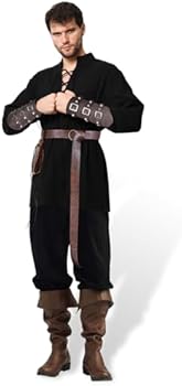 Ulikey Middeleeuwse kledingset voor heren, renaissance-kostuums voor heren, met klassiek middeleeuws herenhemd, middeleeuwse broek, riem, beschermers, accessoires (beige, 2XL