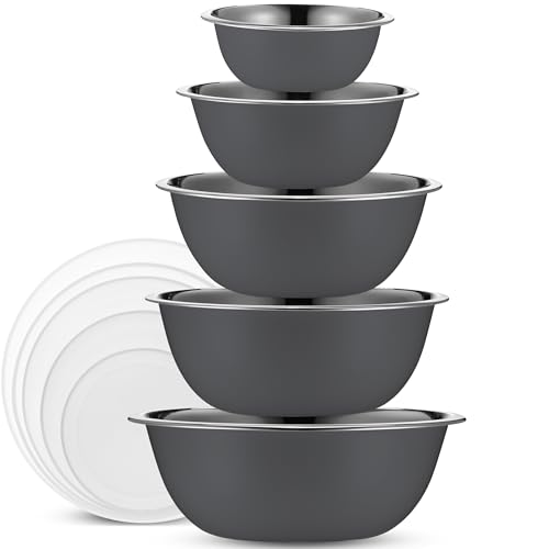 WHYSKO Stainless Steel Mixing Bowl Set, 10 Piece Stainless Steel Mixing Bowls with Lids Set for Food Prep Storage and Serving, Dishwasher Safe for Kitchen Baking Cooking, Grey