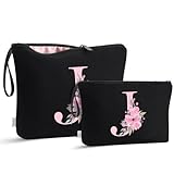 Vavabox 2 Pcs Initial Toiletry Bags Set,Birthday Gifts for Women,Travel Portable Toiletry Bag with Handle (J, Black)