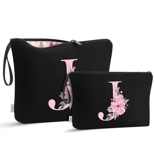 Image of Vavabox A-Z Personalized Makeup Bag, Birthday Gifts for Women Mom, Gifts for Best Friend, Bride Bridesmaid Cosmetic bag (J, 04-Black Set)