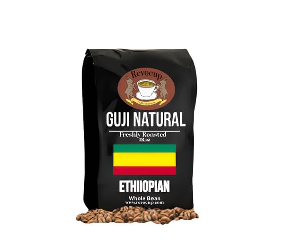 Revocup Ethiopian Guji Natural Coffee 24oz, Naturally Processed Speciality grade Whole Bean Light/Medium Roast, Raspberry & Floral Notes, Specialty Grade, Brews 40+ Cups @ 9oz – Gourmet Coffee (24oz, Natural)