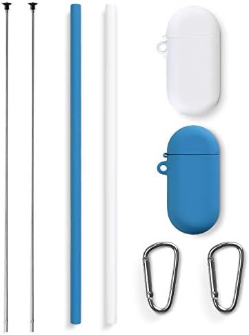 Tellco Silicone Straws Set, 2 Standard Reusable Drinking Straws, 2 Carry Pouch, 2 Cleaning Brushes, 9 2/3" Long, Food Safe, White & Blue