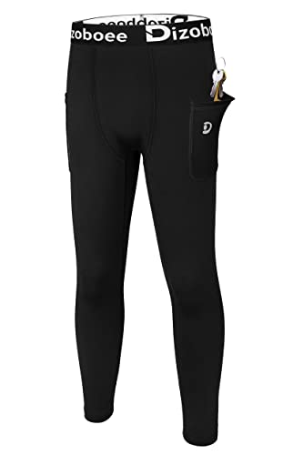 Dizoboee Boys Compression Pants Youth Basketball Leggings Tights For Sports Kids Athletic Running Pants With Pockets Black M #TOP30