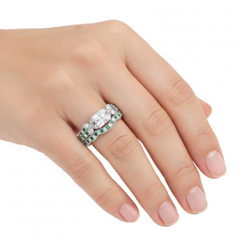 Image of Choose Your Gemstone Milgrain Petal Diamond CZ Wedding Ring Set 925 Sterling Silver Princess Shape Wedding Ring Sets Lightweight Office Wear Everyday Gift Jewelry US Size 4 to 12
