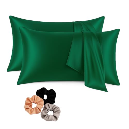 Image of Satin Pillow Covers Set of 2 with 3 Free Random Color Hair Scrunchies - Anti-Frizz, Skin-Friendly, Soft & Durable Pillowcase Set for All Hair Types (Dark Green)