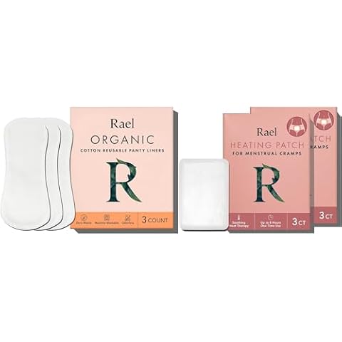 Rael Bundle - Organic Cotton Cover Reusable Cloth Pantyliners (White, 3 Count) & Heating Patch (6 Count) Cover