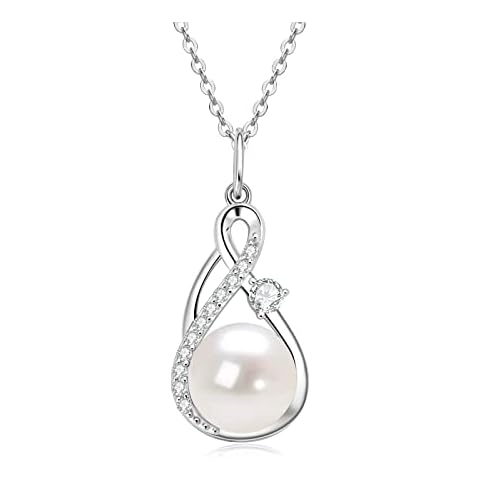 DENGGUANG Freshwater Pearl Pendant Necklace for Women, Infinity Single Pearl Necklace with Moissanite, 925 Sterling Silver Adjustable Chain, Mothers Day Gifts for Mom Cover