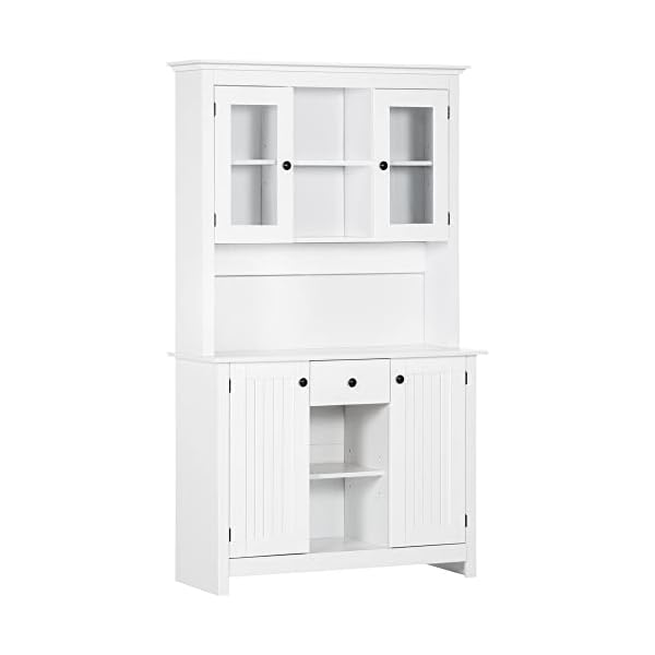 HOMCOM Freestanding Rustic Buffet with Hutch, 4 Door Farmhouse Kitchen Pantry Cabinet, Microwave Stand with Beadboard Panel, Drawer and Adjustable Shelves, White