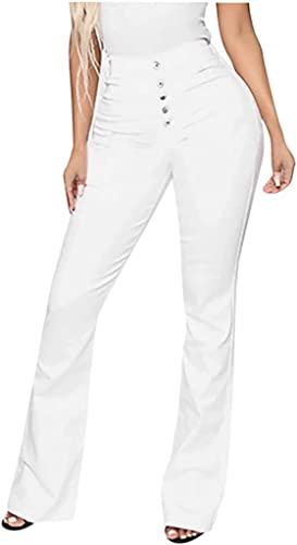 Jean extensible en denim pour femme blanc taille haute et coupe évasée S
