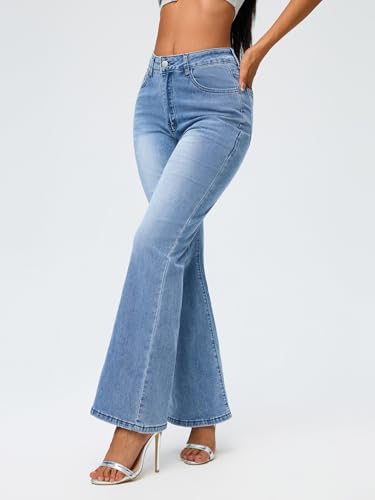 Womens High Waisted Bootcut Jeans Curvy Stretchy Buttoned Denim Pants Wide Leg Baggy Jean4