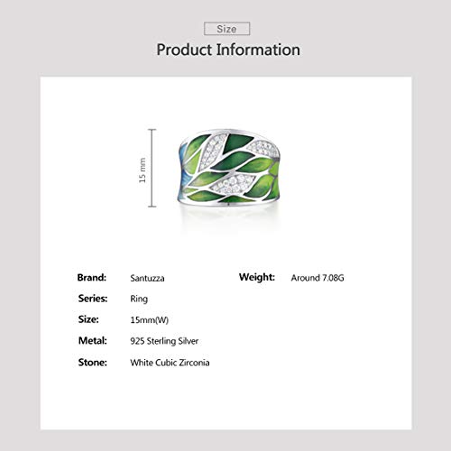 Santuzza 925 Sterling Silver Bamboo Leaves Ring White Cubic Zirconia Handmade Enamel Leaf Rings (8.5) #TOP5