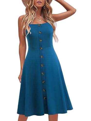 Image of Berydress Women's Casual Beach Summer Dresses 2026 Solid Cotton Flattering A-Line Spaghetti Strap Button Down Midi Sundress