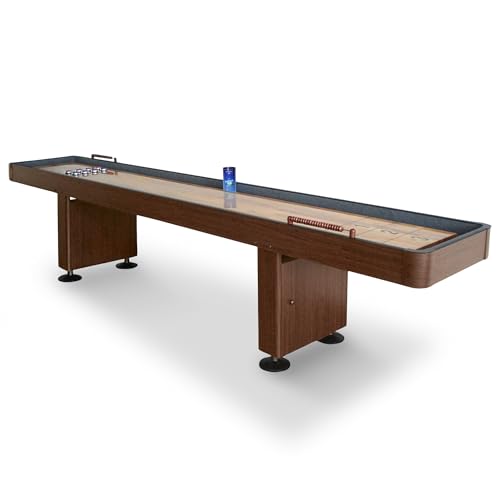 Hathaway Challenger 12 Ft Shuffleboard Table for Family Arcade Game Room - With Poly-Coated Playfield, Built-In Scorer & Cabinet, Climate Adjusters, Leg Levelers, 8 Pucks, Brush & Wax - Walnut Finish