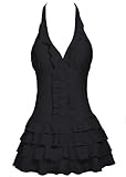 COCOPEAR Women's Cover Up One Piece Swimsuits V-Neck Push Up Skirted Swimdress(FBA) Black L/6-8