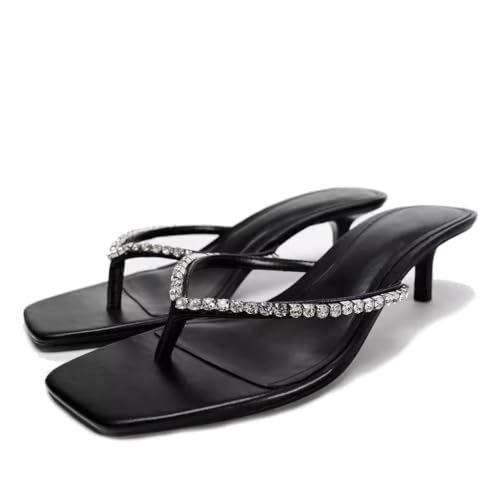 SAFECAMS Rhinestone Kitten Heels for Women Bow Thong Sandals Square Open Toe Flip Flops Heels Summer Miami Heeled Sandals Slippers +Memory Foam