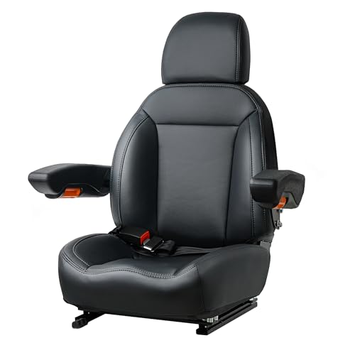 TICSEA Universal Tractor Seat Forklift Seat with Seatbelt and Adjustable Backrest Headrest Armrests for Boat Excavator Harvester Loader Backhoe Dozer Telehandler(Black)
