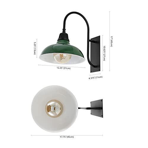 Image of JONATHAN Y 12.25 inch Green /Black 1-Light Farmhouse Gooseneck Outdoor Wall Sconce Lamp, with Black Metal Bowl Shade, Industrial Iron LED Porch Light for Patio Garage Entryway (JYL7614F)