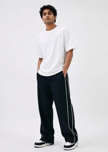 Image of Men's Black Wide Leg Track Pants with White Side Piping, Casual Style