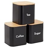 Sugar Tea Coffee Containers Set, Black Canisters for Kitchen, Stainless Steel with Bamboo Lids (3 Piece Set)