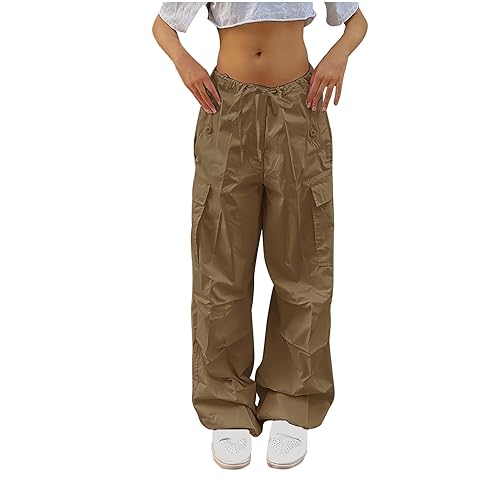XUNRYAN Women Cargo Pants Womens Casual Y2K Parachute Pants with Pockets Low Waist Joggers Trousers Lounge Pants Streetwear Khaki