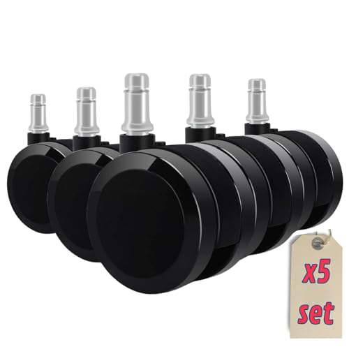 EGC - Set da 5 Pezzi Ruote per Sedia Ufficio 11mm x 60mm - Ruote Gommate Silenziose per Pavimenti Duri, Piastrelle e Mobili - Rotelle Sedia Ufficio - Made in Italy