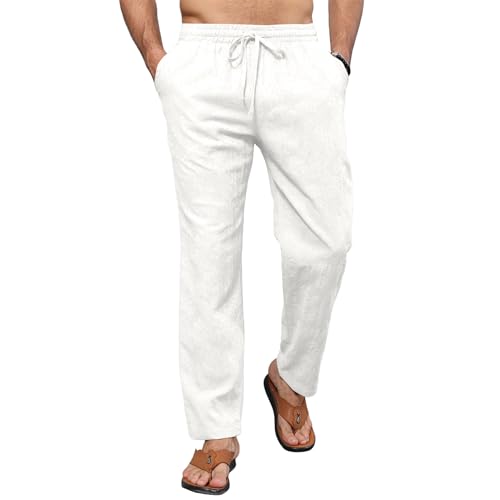 Pantalone Lino Uomo Yoga Elastici in Vita Pantaloni Estivi Uomo Lunghi Lino Loose Fit Cotone Pantalone Bianco M