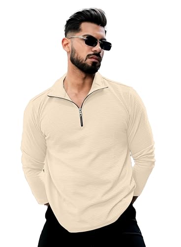 Image of KAJARU Men's Quarter Zip Pullover T-Shirt, Textured Ribbed Long Sleeve, Casual Mock Neck