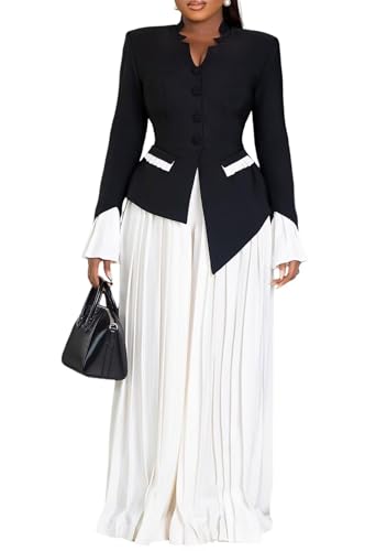 LROSEY Women 2 Piece Outfits Dressy Pant Suits Business Casual Blazer Sets with High Waisted Pleated Wide Leg Pants Plus Size