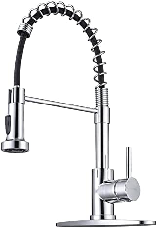 Chrome Kitchen Faucet, Faucet for Kitchen Sink with Pull Down Sprayer WEWE Kitchen Faucet with Deck Plate Stainless Steel Single Handle Spring for Farmhouse Utility Bar Laundry Sinks