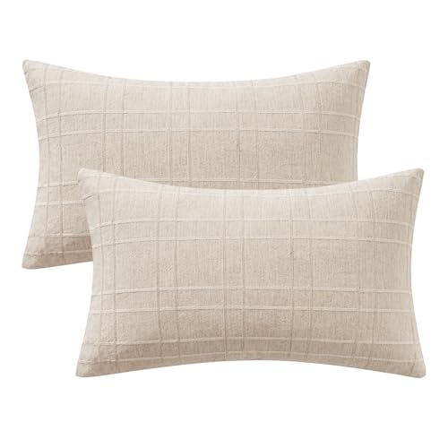 Image of MIULEE Decorative Linen Check Lumar Throw Pillow Covers Neutral Farmhouse Vintage Pillow Covers 12x20 Set of 2 Boho Modern Home Decor for Sofa Couch Bedroom Cushion Natural Beige