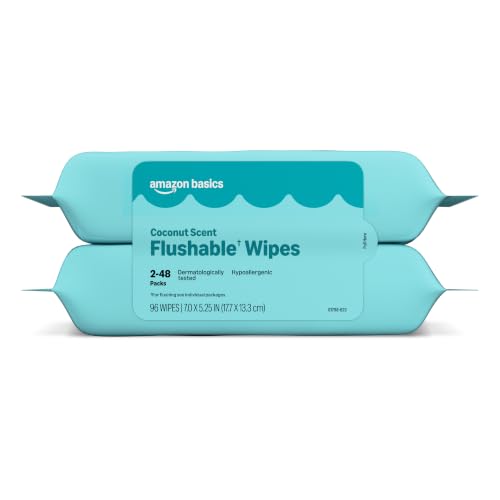 Amazon Basics Flushable Wipes, Coconut Scent, Hypoallergenic, Dermatologically Tested, 2 Packs of 48...
