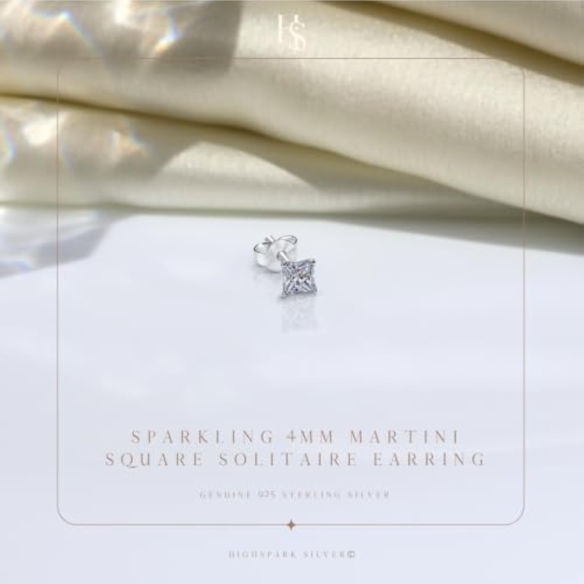 Men's 925 Silver Sparkling Martini Square Solitaire Stud Earring
