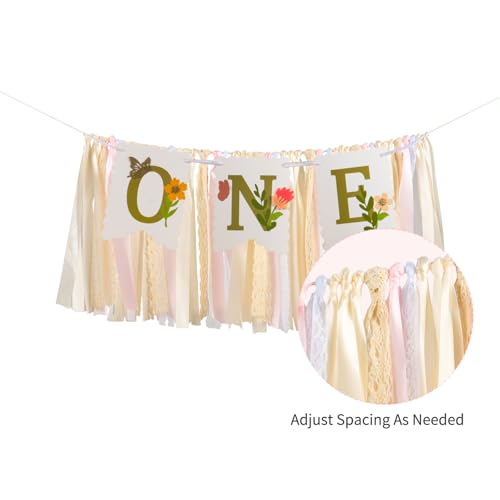 Image of Blossom High Chair Banner with Flower & Butterfly- Floral inchONE inch First Birthday Decor for Baby Girls, Little Fairy 1st Highchair Garland, Cake Smash Photo Prop
