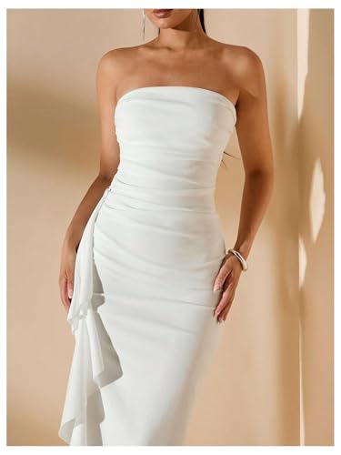 WDIRARA Women's Ruffle High Split Strapless Bodycon Dress Cocktail Wedding Party Maxi Dresses4