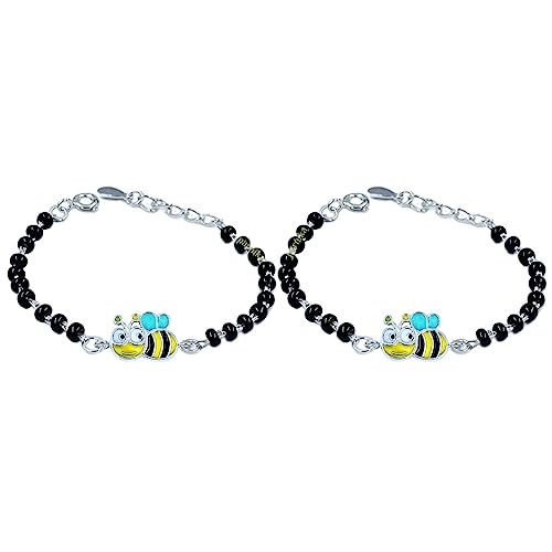 Image of Parnika (Formerly MJ 925 Traditional Silver & Black Crystals Baby Nazariya Kids Silver Bracelet in Pure 92.5 Sterling Silver for Kids - One pair