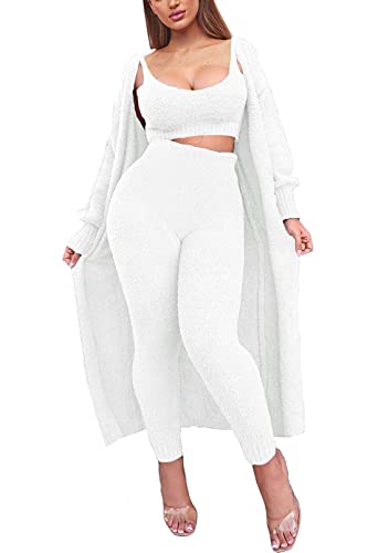 Image of Fixmatti Women's Fuzzy 3 Piece Sweatsuit Open Front Cardigan Crop Tank Tops Wide Legs Pants Lounge Sets