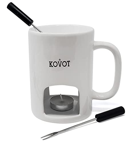 Kovot Personal Fondue Mugs Set Of 2 | Ceramic Mugs For Chocolate Or Cheese | Includes Forks And Tealights| Double Vented (White) #TOP2