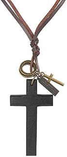 JewelryWe Vintage Wood Cross Pendant Leather Cord Necklaces for Men Women,Adjustable