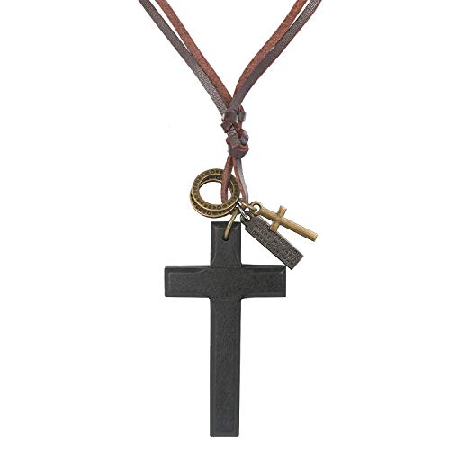 JewelryWe Collier en Cuir avec Pendentif en Forme de Croix en Bois pour Homme et Femme Réglable (Noir)
