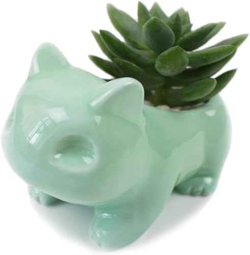 Pinsjar Cartoon Ceramic Flowerpot Glazed Pottery Succulent Pot Cute Planter Ceramic Art Vase Animal Shaped Green with Hole