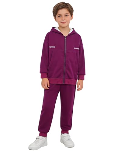 Lorilida Kids Boys Zip Up Hooded Jacket and Pants Set Fashion Streetwear Loose Fit Hoodies Trousers Sweatsuit Purple 7-8 Years
