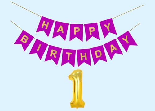 Image of 1st Happy Birthday Decoration Kit Purple for 1 year Old Boys Girls Baby with Number One Party Decorations Decor Celebration Items Item Set Combo Reusable Paper Banner